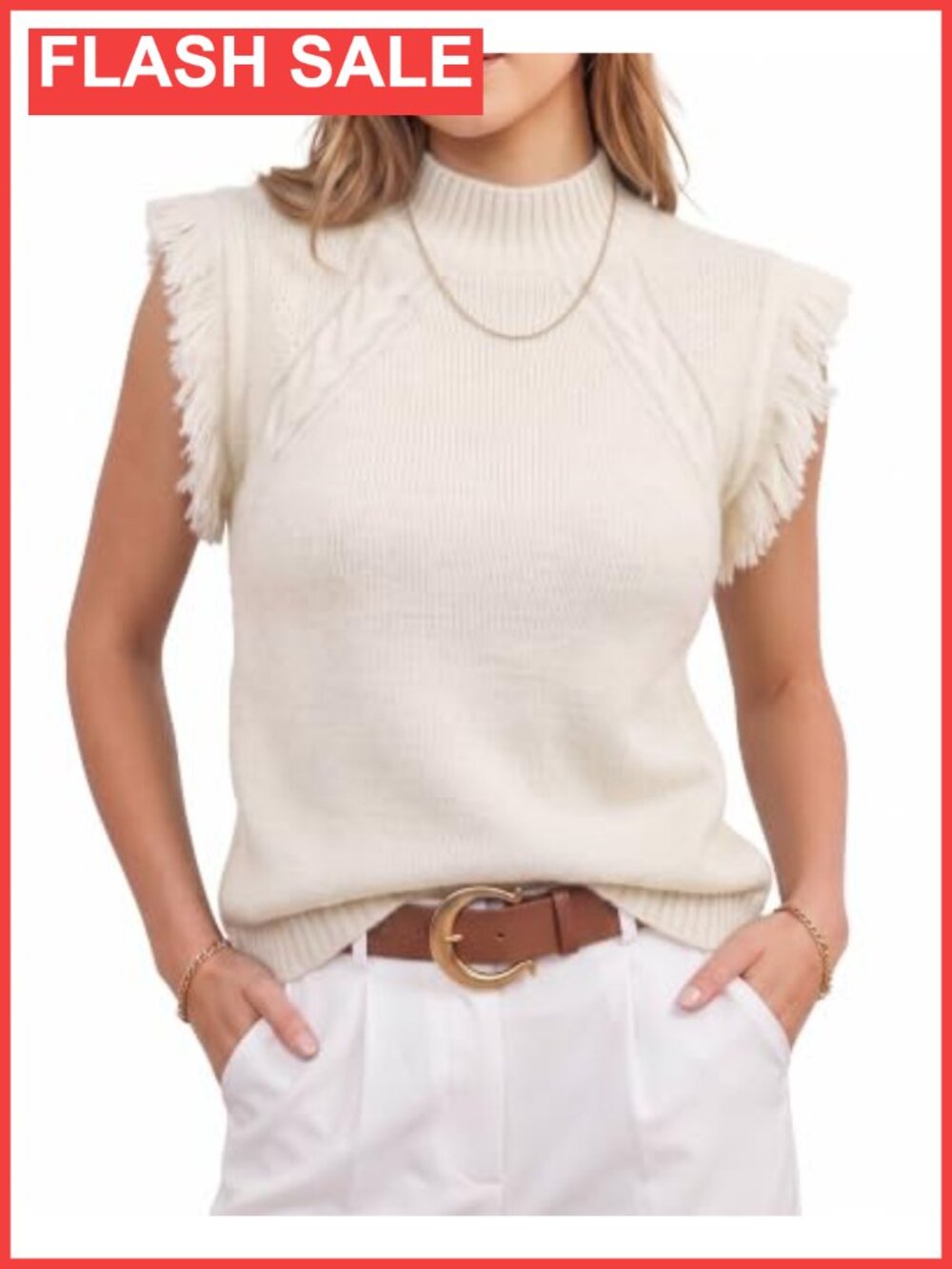 Sleeveless Sweater Vest Mock Neck Cable Knit Fringe Shoulder Boho Layering Top
